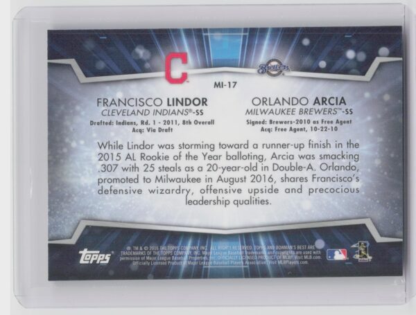 2016 Bowman's Best Francisco Lindor  / Orlando Arcia #MI-17 Brewers Mirror Image - Image 3