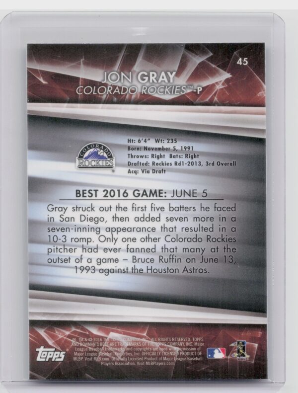 2016 Bowman's Best Jon Gray Atomic Refractor #45 Rockies - Image 3