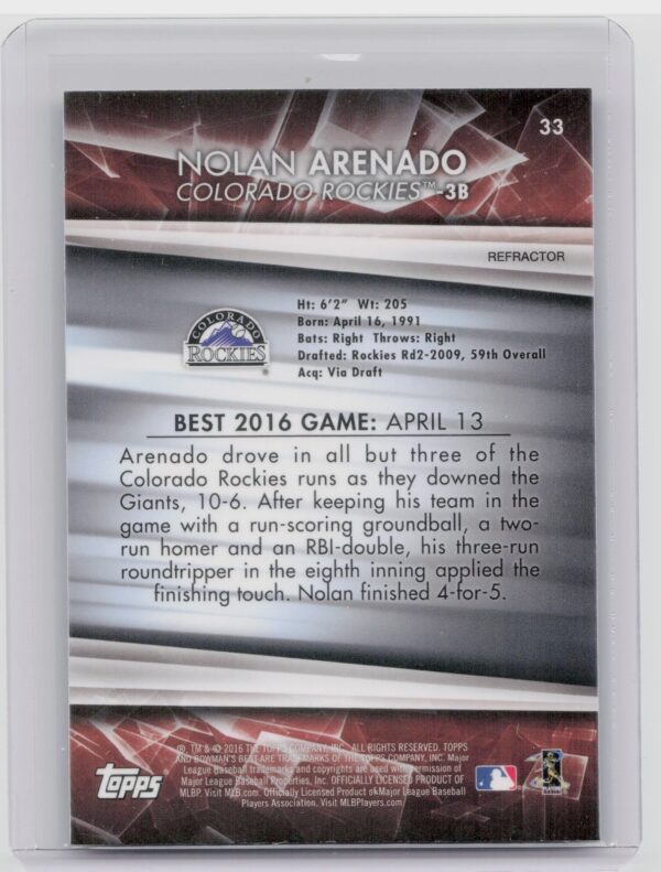 2016 Bowman's Best Nolan Arenado Refractor #33 Rockies - Image 3