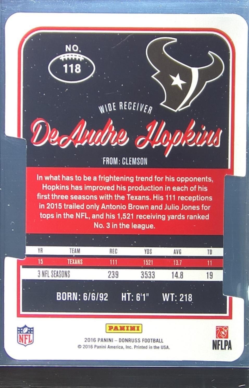 2016 Donruss DeAndre Hopkins Press Proofs Silver Die Cut /75 #118 Texans - Image 3