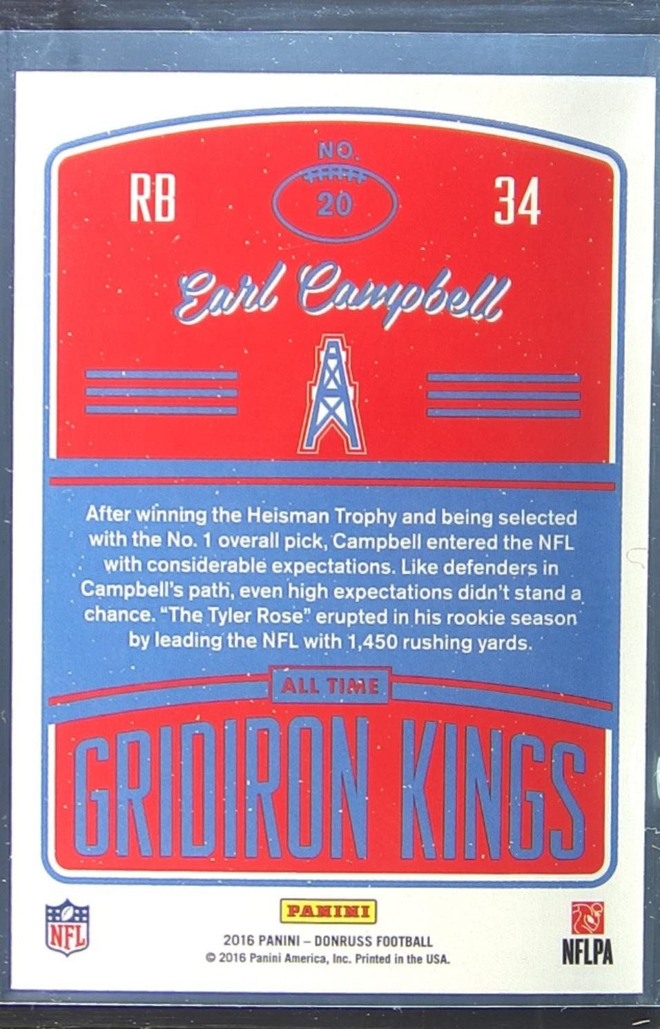 2016 Donruss Earl Campbell #20 Oilers All Time Gridiron Kings - Image 3