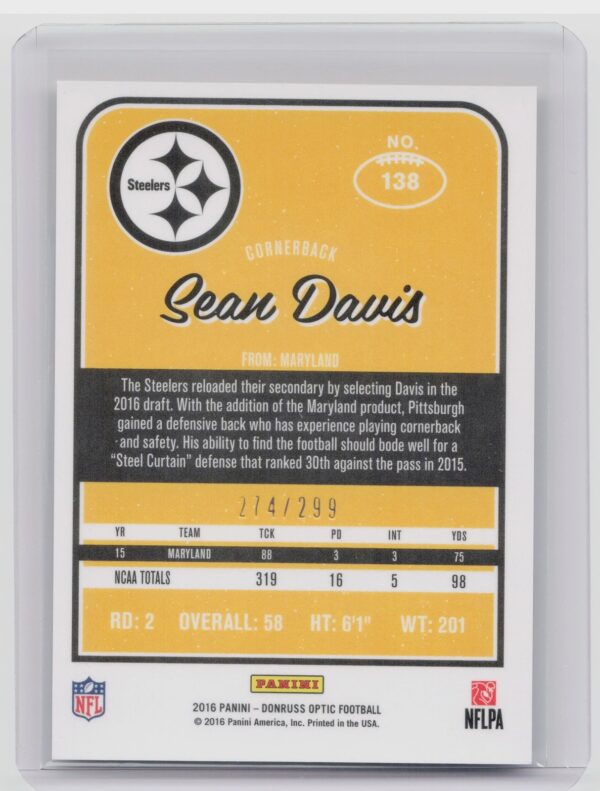 2016 Donruss Optic Sean Davis Aqua SN299 #138 Steelers - Image 3