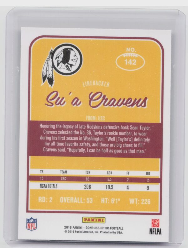 2016 Donruss Optic Su'a Cravens Holo #142 Redskins - Image 3