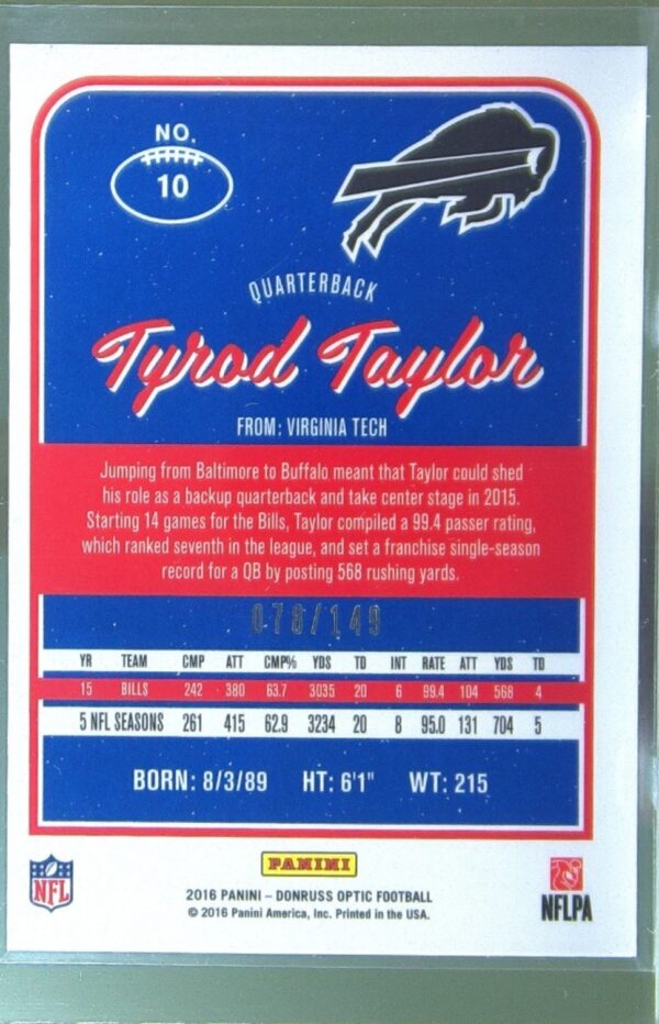 2016 Donruss Optic Tyrod Taylor Blue /149 #10 Bills - Image 3