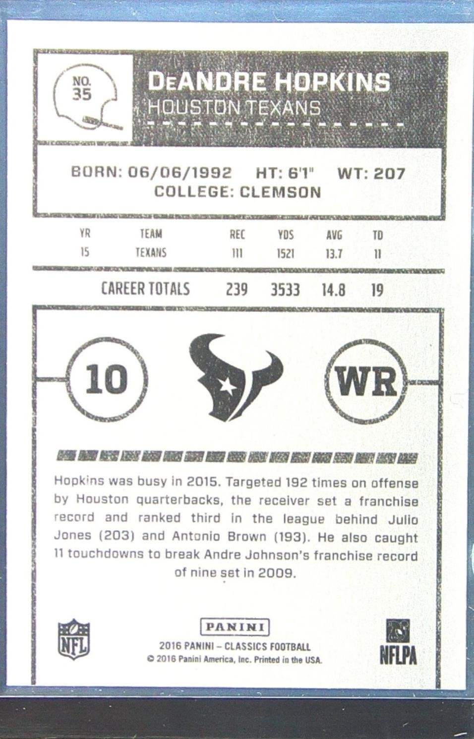 2016 Panini Classics DeAndre Hopkins Timeless Tributes Silver /25 #35 Texans - Image 3