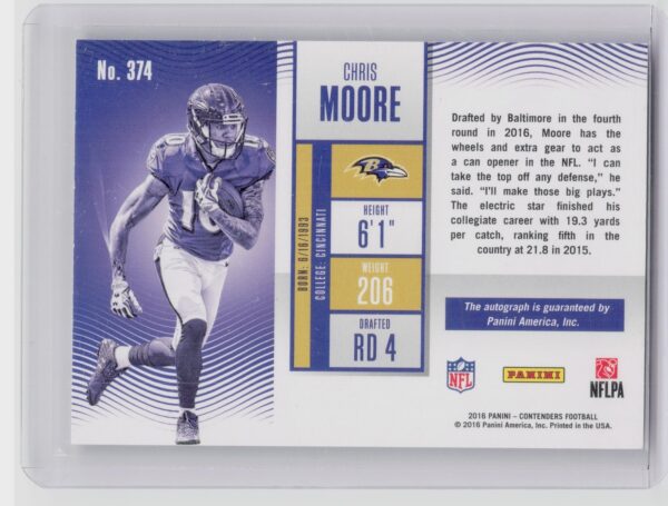 2016 Panini Contenders Chris Moore Playoff Ticket AU SN199 #374 Ravens - Image 3