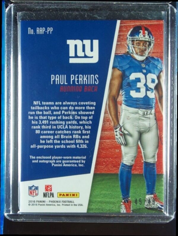 2016 Panini Phoenix Paul Perkins AU MEM SN49 #RAP-PP Giants RPS Rookie Jumbo Aut - Image 3