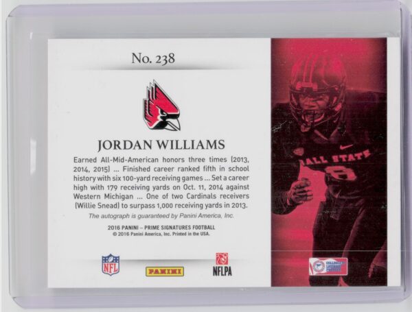 2016 Panini Prime Signatures Jordan Williams Red AU SN49 #238 Cardinals - Image 3