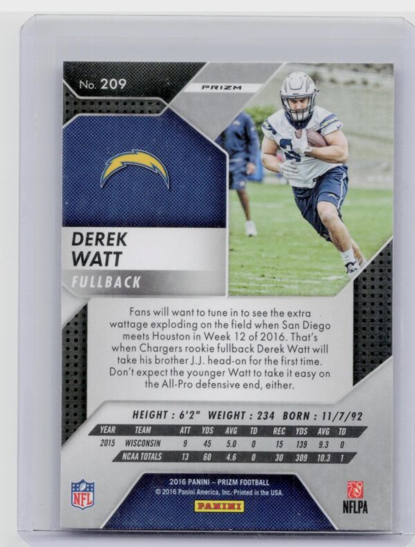 2016 Prizm Derek Watt Prizm #209 Chargers - Image 3
