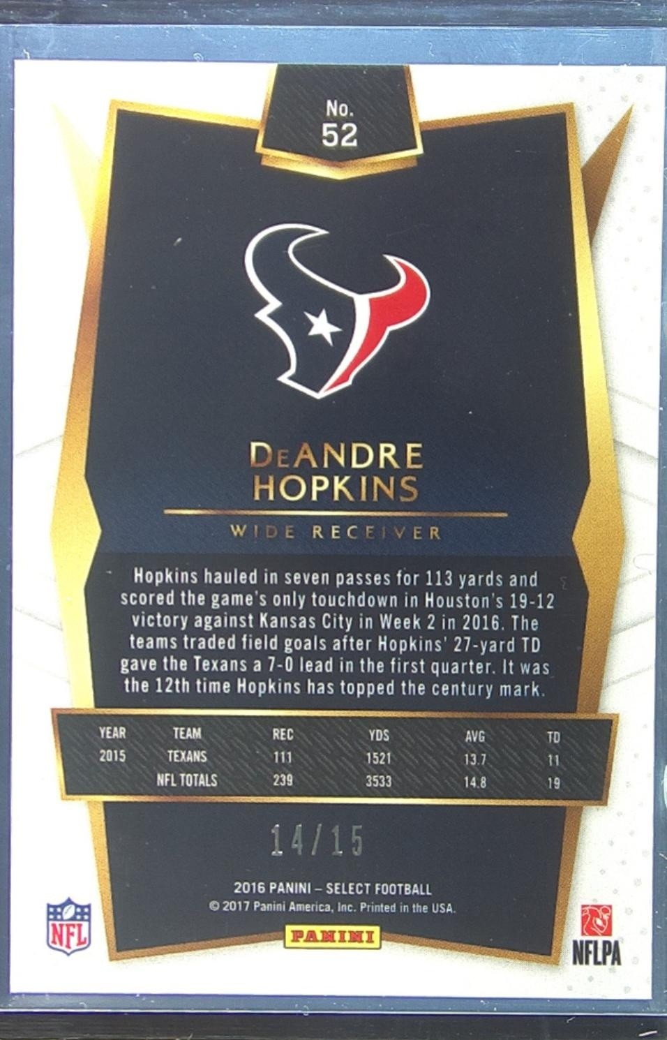 2016 Select DeAndre Hopkins /15 #52 Pink Texans - Image 3
