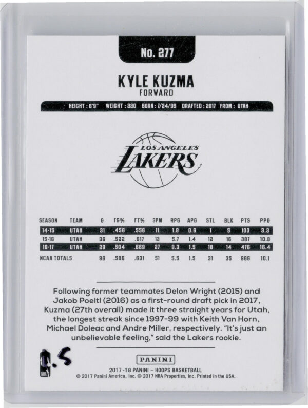 2017-18 Hoops Kyle Kuzma RC #277 Lakers - Image 3