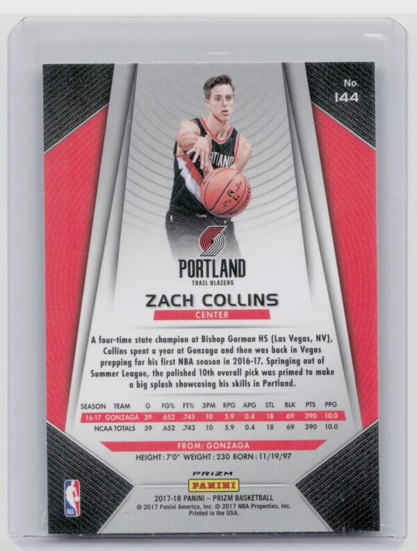 2017-18 Panini Prizm Zach Collins Prizms Red White and Blue #144 Blazers - Image 3