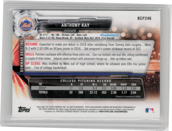 2017 Bowman Chrome Anthony Kay #BCP246 Mets Prospects Purple Shimmer Refractor - Image 3