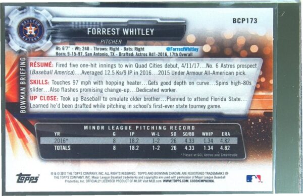2017 Bowman Chrome Forrest Whitley #BCP173 Prospects Purple Shimmer Refractor - Image 3