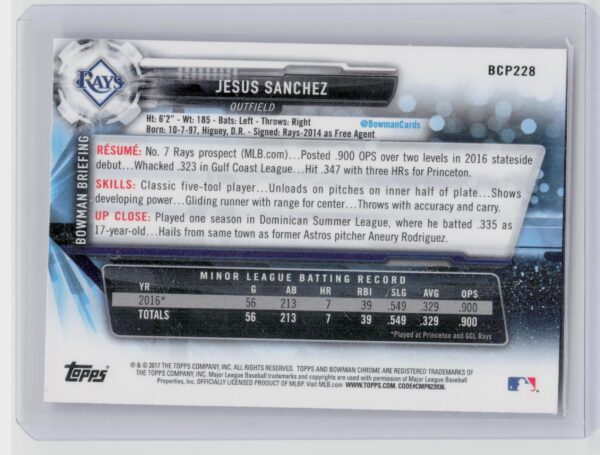 2017 Bowman Chrome Jesus Sanchez #BCP228 Rays Prospects - Image 3