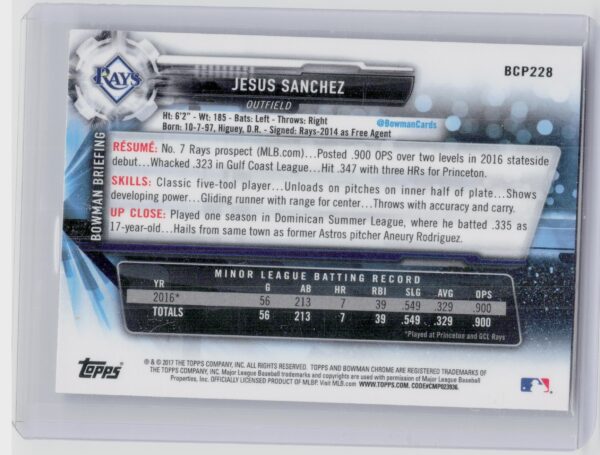 2017 Bowman Chrome Jesus Sanchez #BCP228 Rays Prospects - Image 3