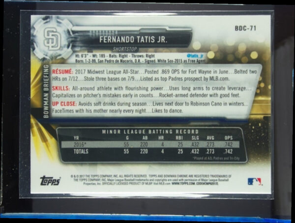 2017 Bowman Draft Fernando Tatis Jr. Chrome #BDC-71 Padres - Image 3