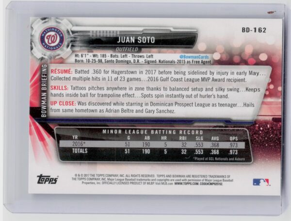 2017 Bowman Draft Juan Soto #BD-162 Nationals - Image 3