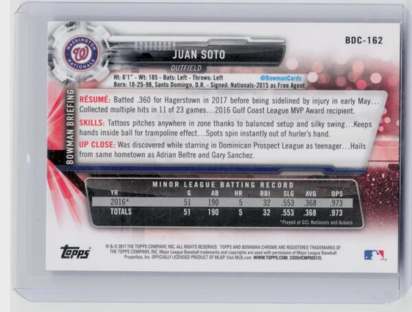 2017 Bowman Draft Juan Soto Chrome #BDC-162 Nationals - Image 3