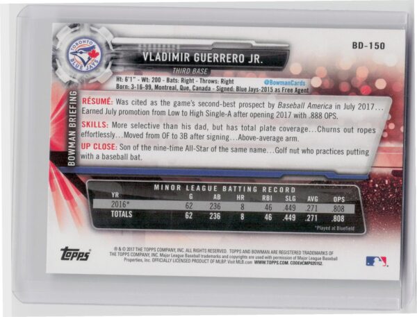 2017 Bowman Draft Vladimir Guerrero Jr. #BD-150 Jays - Image 3
