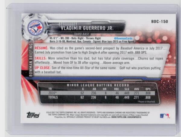 2017 Bowman Draft Vladimir Guerrero Jr. #BD-150 Jays - Image 3