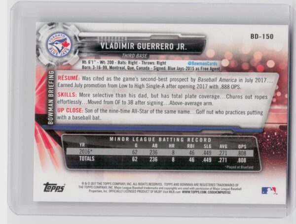 2017 Bowman Draft Vladimir Guerrero Jr. #BD-150 Jays - Image 3