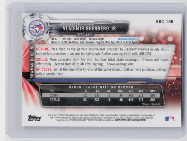 2017 Bowman Draft Vladimir Guerrero Jr. Chrome #BDC-150 Jays - Image 3