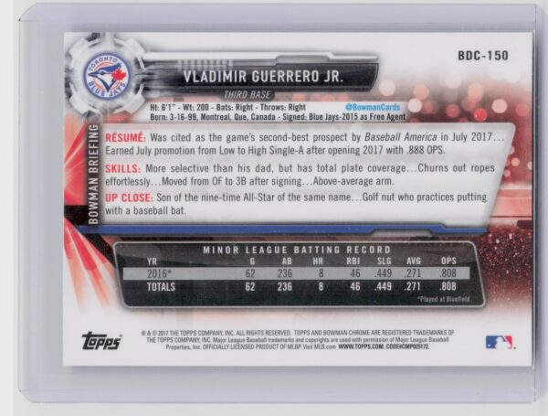2017 Bowman Draft Vladimir Guerrero Jr. Chrome #BDC-150 Jays - Image 3