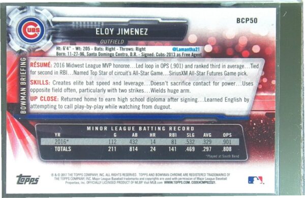 2017 Bowman Eloy Jimenez #BCP50 Cubs Chrome Prospects Blue Shimmer - Image 3