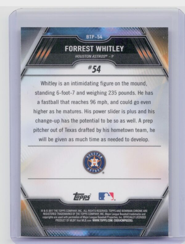 2017 Bowman Forrest Whitley #BTP-54 Astros Bowman Scouts' Top 100 - Image 3