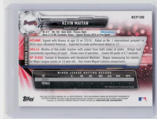 2017 Bowman Kevin Maitan #BCP100 Braves Chrome Prospects Mojo - Image 3