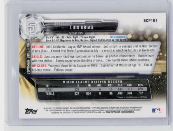 2017 Bowman Luis Urias #BCP107 Padres Chrome Prospects Mojo - Image 3
