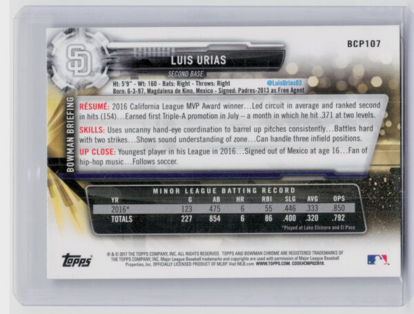 2017 Bowman Luis Urias #BCP107 Padres Chrome Prospects Mojo - Image 3