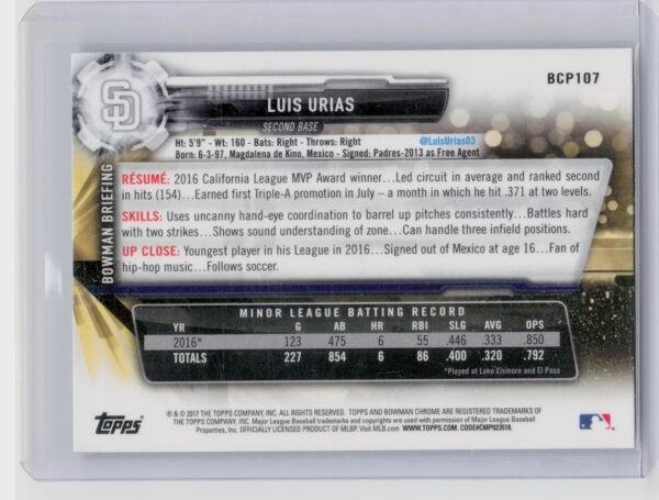 2017 Bowman Luis Urias #BCP107 Padres Chrome Prospects Mojo - Image 3