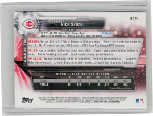 2017 Bowman Nick Senzel #BCP1 Reds Chrome Prospects Mojo - Image 3