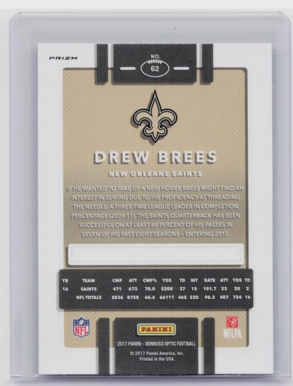 2017 Donruss Optic Drew Brees Holo #62 Saints - Image 3