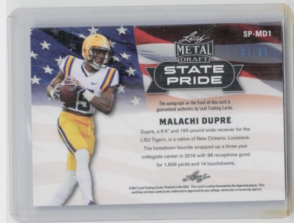 2017 Leaf Metal Draft Malachi Dupre AU SN35 #SP-MD1 Tigers State Pride Autograph - Image 3