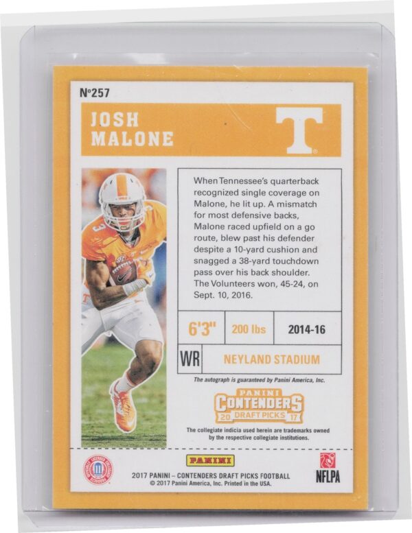 2017 Panini Contenders Draft Picks Josh Malone AU #257 Volunteers - Image 3