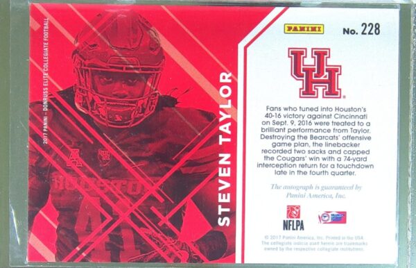 2017 Panini Elite Draft Picks Steven Taylor Auto RC #228 Cougars Draft Picks - Image 3