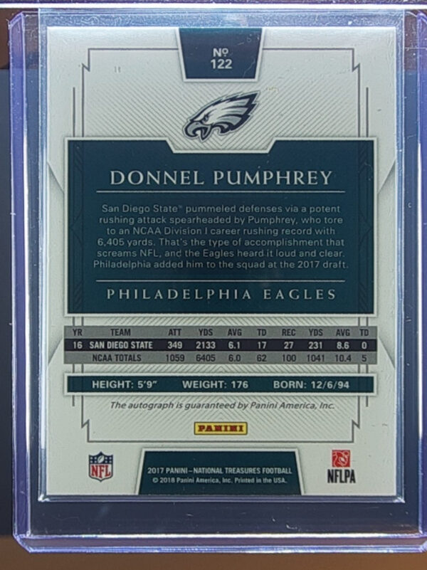 2017 Panini National Treasures Donnel Pumphrey AU RC SN99 #122 Eagles - Image 3