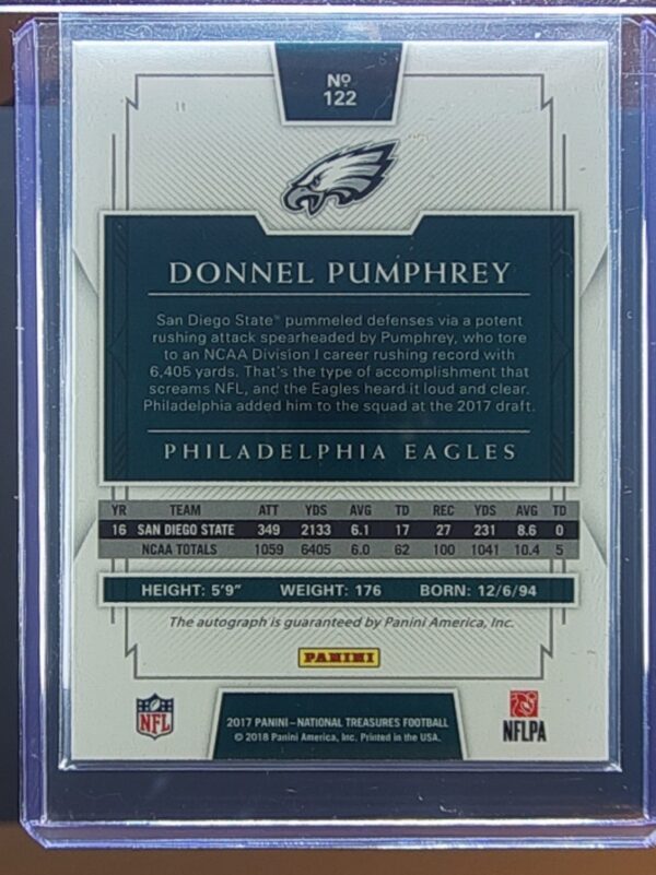 2017 Panini National Treasures Donnel Pumphrey AU RC SN99 #122 Eagles - Image 3