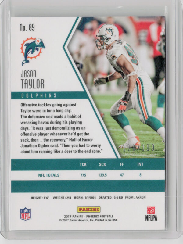 2017 Panini Phoenix Jason Taylor Pink SN199 #89 Dolphins - Image 3