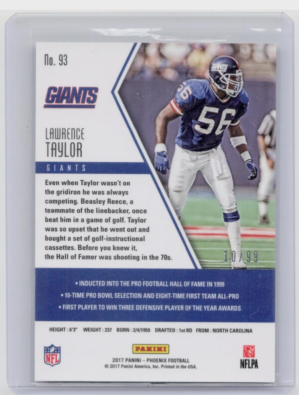 2017 Panini Phoenix Lawrence Taylor Orange /99 #93 Giants - Image 3