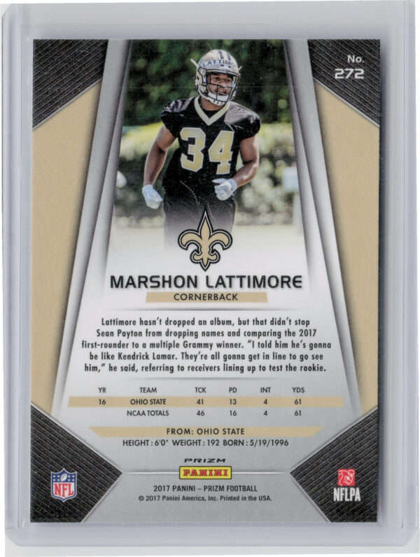 2017 Panini Prizm Marshon Lattimore Prizm #272 Saints - Image 3