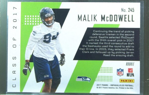 2017 Panini Unparalleled Malik McDowell RC #245 Seahawks - Image 3