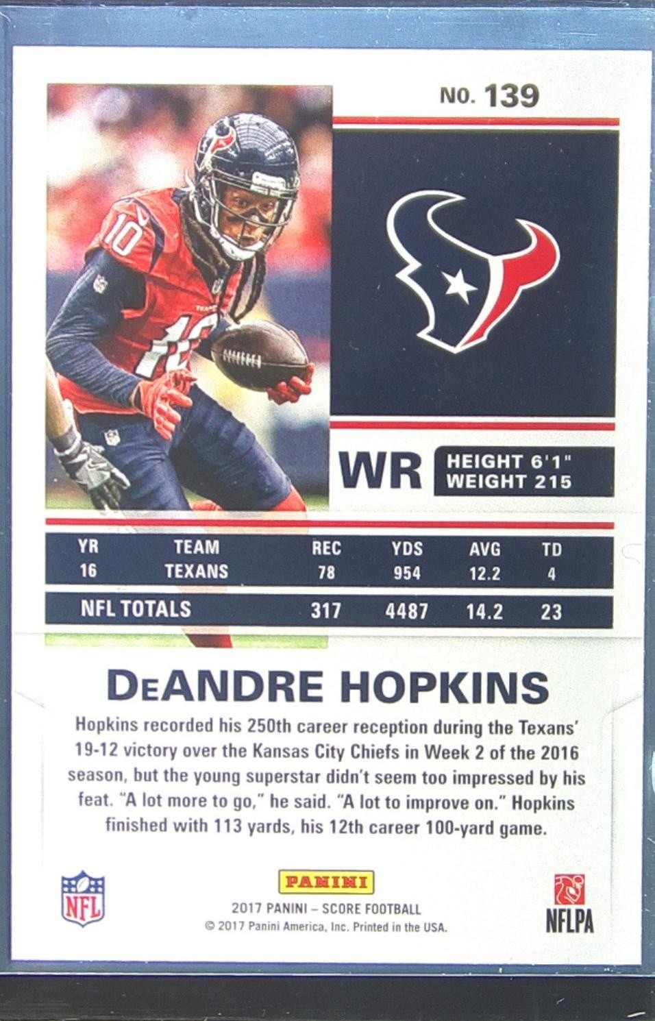 2017 Score DeAndre Hopkins Gold Zone /50 #139 Texans - Image 3