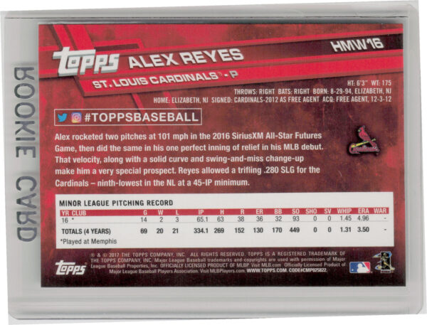 2017 Topps Holiday Alex Reyes RC #HMW16 Cardinals - Image 3