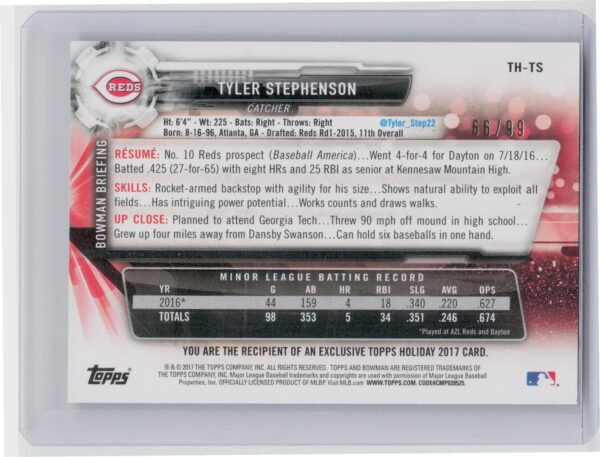 2017 Topps Holiday Bowman Tyler Stephenson Green Holiday Sweater /99 #TH-TS Red - Image 3