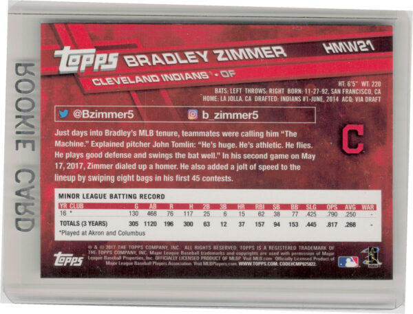 2017 Topps Holiday Bradley Zimmer RC #HMW21 Indians - Image 3