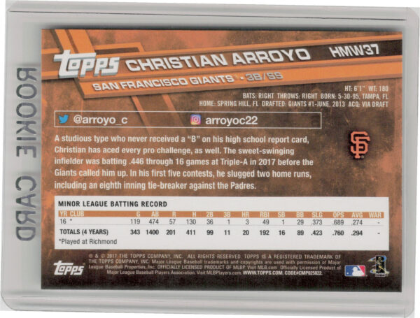 2017 Topps Holiday Christian Arroyo RC #HMW37 Giants - Image 3